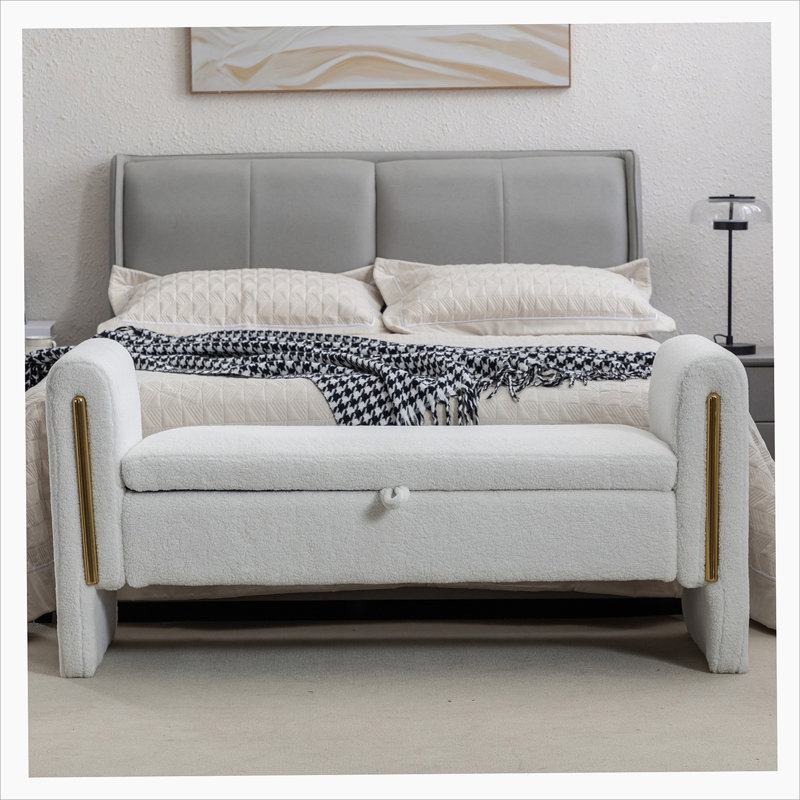 Storage Bench Bedroom Bench With Gold Metal Trim Strip For Living Room Bedroom Indoor Ivory